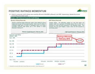 Moody's S&P
POSITIVE RATINGS MOMENTUM
Moody’s / S&P Historical Corporate Credit Ratings
“Outlook Stable. The affirmation reflects our view that Antero will
maintain funds from operations (FFO)/Debt above 20% in 2016, as it
continues to invest and grow production in the Marcellus Shale. The
company has very good hedges in place, which will limit exposure to
commodity prices.”
- S&P Credit Research, February 2016
“Moody’s confirmed Antero Resources’ rating, which reflects its strong
hedge book through 2018 and good liquidity. Antero has $3.1 billion in
unrealized hedge gains, $3 billion of availability under its $4 billion
committed revolving credit facility and a 67% interest in Antero
Midstream Partners LP.
- Moody’s Credit Research, February 2016
Corporate Credit Rating
(Moody’s / S&P)
Ba3 / BB-
B1 / B+
B2 / B
B3 / B-
2/24/2011 10/21/2013 9/4/20145/31/2013
Ba2 / BB
Ba1 / BB+
Caa1 / CCC+
(1)
1. Represents corporate credit rating of Antero Resources Corporation / Antero Resources LLC.
Baa3 / BBB-
Moody’s Rating Rationale S&P Rating Rationale
65
3/31/2015
Ba2/BB
6/30/20169/1/2010
Ratings Affirmed
February 2016
 Antero’s corporate credit ratings were recently affirmed at Ba2/BB by Moody’s and S&P, respectively, despite the severe
commodity price down cycle
 