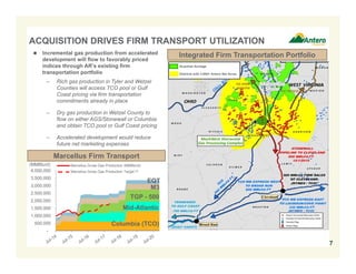 -
500,000
1,000,000
1,500,000
2,000,000
2,500,000
3,000,000
3,500,000
4,000,000
ACQUISITION DRIVES FIRM TRANSPORT UTILIZATION
7
Integrated Firm Transportation Portfolio Incremental gas production from accelerated
development will flow to favorably priced
indices through AR’s existing firm
transportation portfolio
– Rich gas production in Tyler and Wetzel
Counties will access TCO pool or Gulf
Coast pricing via firm transportation
commitments already in place
– Dry gas production in Wetzel County to
flow on either AGS/Stonewall or Columbia
and obtain TCO pool or Gulf Coast pricing
– Accelerated development would reduce
future net marketing expenses
Districts with 3,000+ Antero Net Acres
Acquired Acreage
Marcellus Firm Transport
TGP - 500
Mid-Atlantic
Columbia (TCO)
M3
EQT
(MMBtu/d) Marcellus Gross Gas Production (MMBtu/d)
Marcellus Gross Gas Production Target (2)
 