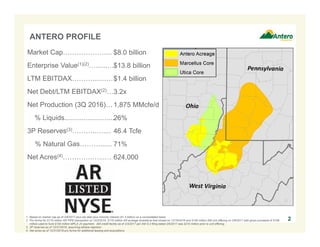 ANTERO PROFILE
2
Market Cap………………....
Enterprise Value(1)(2)…......…
LTM EBITDAX………......….
Net Debt/LTM EBITDAX(2)…
Net Production (3Q 2016)…
% Liquids..........................
3P Reserves(3)………..…....
% Natural Gas………......
Net Acres(4)………….…...…
1. Based on market cap as of 2/6/2017 plus net debt plus minority interest ($1.4 billion) on a consolidated basis.
2. Pro forma for $175 million AR PIPE transaction on 10/3/2016, $170 million AR acreage divestiture that closed on 12/16/2016 and $195 million AM unit offering on 2/6/2017 with gross proceeds of $198
million used to fund $155 million MPLX JV payment. AM credit facility as of 2/3/2017 per AM S-3 filing dated 2/6/2017 was $210 million prior to unit offering.
3. 3P reserves as of 12/31/2016, assuming ethane rejection.
4. Net acres as of 12/31/2016 pro forma for additional leasing and acquisitions.
$8.0 billion
$13.8 billion
$1.4 billion
3.2x
1,875 MMcfe/d
26%
46.4 Tcfe
71%
624,000
 