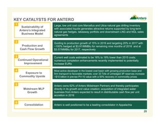 Continued Operational
Improvement
Production and
Cash Flow Growth
Most active developer in the lowest cost basin with growing production base and
firm transport to favorable markets; over 33 Tcfe of unhedged 3P reserves increase
~$10 billion in pre-tax PV-10 value with a 50% recovery in commodity prices
KEY CATALYSTS FOR ANTERO
Guiding to production growth of 15% in 2016 and targeting 20% in 2017 with
~100% hedged at $3.91/MMBtu for remaining nine months of 2016 and at
$3.57/MMBtu for 2017, respectively
Large, low unit cost core Marcellus and Utica natural gas drilling inventory
with associated liquids generates attractive returns supported by long-term
natural gas hedges, takeaway portfolio and downstream LNG and NGL sales
agreements
Current well costs estimated to be 16% to 19% lower than 2015 costs;
numerous completion enhancements recently implemented to potentially
increase EURs
Antero owns 62% of Antero Midstream Partners and thereby participates
directly in its growth and value creation; acquisition of integrated water
business from Antero expected to result in distributable cash flow per unit
accretion in 2016
Midstream MLP
Growth
Sustainability of
Antero’s Integrated
Business Model
1
2
3
5
4
Exposure to
Commodity Upside
Antero is well positioned to be a leading consolidator in Appalachia
6
Consolidation
28
 