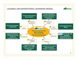 4
Most Active Operator
in Appalachia
Largest Firm Transport
and Processing
Portfolio in Appalachia
Largest Gas Hedge
Position in U.S. E&P +
Strong Financial
Liquidity
Prudent Growth Drives
Value Creation
Current Flexibility &
Upside Participation in
Commodity Price
Recovery
Highest Realizations
and Margins Among
Large Cap
Appalachian Peers
Growth &
Momentum
Flexibility &
Upside
Hedging &
Liquidity
Midstream
Drilling
LEADING UNCONVENTIONAL BUSINESS MODEL
MLP (NYSE: AM)
Highlights
Substantial Value in
Midstream Business
Realizations
Takeaway
Well
Economics
1
2 3
4
5
67
8
Premier Appalachian
E&P Company
Run by Co-Founders
Sustainable Business
Model
 