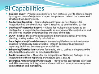 BI Capabilities 
 Business Query– Provides an ability for a non-technical user to create a report 
by drag and drop of objects on a report template and behind the scenes well 
structured SQL is generated. 
 Production Reporting – Creates high quality pixel-perfect formats for 
integration into the compliance reports required by external third parties 
 Dashboard/Interactive Reports – Allows for multiple data sources to be 
displayed on a single interface to provide an overview of the subject area and 
the ability to interact and personalize the view of the data 
 OLAP – Enables the user to conduct multi-dimensional analysis by drilling, 
pivoting, sorting and on the fly calculations 
 Data Exploration/Visual discovery - A new simplified end-user interface for 
enabling functionality made available through dashboards, production 
reporting, OLAP and business query capabilities 
 Scheduling/Distribution – Allows for emails, alerts, caches and reports to be 
scheduled through event or time based triggers 
 Predictive Analytics – Allows for the integration of Statistical Packages to be 
integrated into the BI reporting architecture (SPSS, SAS, r) 
 Enterprise Administration/Architecture – Provides the appropriate interfaces 
and APIs necessary for integration and automation of enterprise scale system 
administration and monitoring. 
 