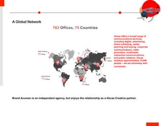 A Global Network
763 Offices, 75 Countries
Europe:
351offices
Asia Pacific:
121offices
Middle East:
44offices
North America:
95offices
Latin America:
116offices
Africa:
36offices
Brand Acumen is an independent agency, but enjoys the relationship as a Havas Creative partner.
Havas offers a broad range of
communications services,
including digital, advertising,
direct marketing, media
planning and buying, corporate
communications, sales
promotion, multimedia
interactive communications,
and public relations. Havas
employs approximately 15,000
people – we are extremely well-
connected.
	
  
 