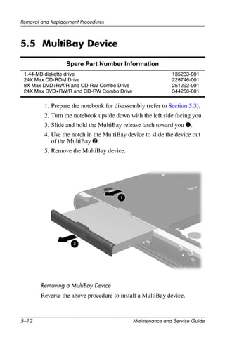 5–12 Maintenance and Service Guide
Removal and Replacement Procedures
5.5 MultiBay Device
1. Prepare the notebook for disassembly (refer to Section 5.3).
2. Turn the notebook upside down with the left side facing you.
3. Slide and hold the MultiBay release latch toward you 1.
4. Use the notch in the MultiBay device to slide the device out
of the MultiBay 2.
5. Remove the MultiBay device.
Removing a MultiBay Device
Reverse the above procedure to install a MultiBay device.
Spare Part Number Information
1.44-MB diskette drive
24X Max CD-ROM Drive
8X Max DVD+RW/R and CD-RW Combo Drive
24X Max DVD+RW/R and CD-RW Combo Drive
135233-001
228746-001
251292-001
344256-001
 