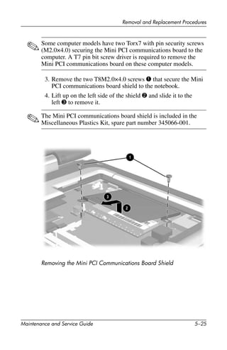 Removal and Replacement Procedures
Maintenance and Service Guide 5–25
✎Some computer models have two Torx7 with pin security screws
(M2.0×4.0) securing the Mini PCI communications board to the
computer. A T7 pin bit screw driver is required to remove the
Mini PCI communications board on these computer models.
3. Remove the two T8M2.0×4.0 screws 1 that secure the Mini
PCI communications board shield to the notebook.
4. Lift up on the left side of the shield 2 and slide it to the
left 3 to remove it.
✎The Mini PCI communications board shield is included in the
Miscellaneous Plastics Kit, spare part number 345066-001.
Removing the Mini PCI Communications Board Shield
 