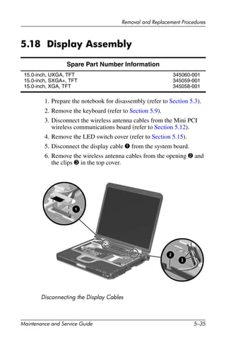 Removal and Replacement Procedures
Maintenance and Service Guide 5–35
5.18 Display Assembly
1. Prepare the notebook for disassembly (refer to Section 5.3).
2. Remove the keyboard (refer to Section 5.9).
3. Disconnect the wireless antenna cables from the Mini PCI
wireless communications board (refer to Section 5.12).
4. Remove the LED switch cover (refer to Section 5.15).
5. Disconnect the display cable 1 from the system board.
6. Remove the wireless antenna cables from the opening 2 and
the clips 3 in the top cover.
Disconnecting the Display Cables
Spare Part Number Information
15.0-inch, UXGA, TFT
15.0-inch, SXGA+, TFT
15.0-inch, XGA, TFT
345060-001
345059-001
345058-001
 