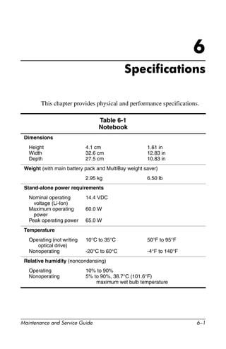 Maintenance and Service Guide 6–1
6
Specifications
This chapter provides physical and performance specifications.
Table 6-1
Notebook
Dimensions
Height
Width
Depth
4.1 cm
32.6 cm
27.5 cm
1.61 in
12.83 in
10.83 in
Weight (with main battery pack and MultiBay weight saver)
2.95 kg 6.50 lb
Stand-alone power requirements
Nominal operating
voltage (Li-Ion)
Maximum operating
power
Peak operating power
14.4 VDC
60.0 W
65.0 W
Temperature
Operating (not writing
optical drive)
Nonoperating
10°C to 35°C
-20°C to 60°C
50°F to 95°F
-4°F to 140°F
Relative humidity (noncondensing)
Operating
Nonoperating
10% to 90%
5% to 90%, 38.7°C (101.6°F)
maximum wet bulb temperature
 