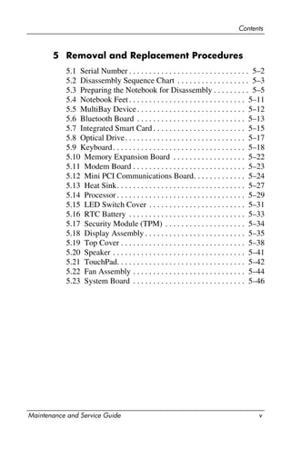 Contents
Maintenance and Service Guide v
5 Removal and Replacement Procedures
5.1 Serial Number . . . . . . . . . . . . . . . . . . . . . . . . . . . . . . 5–2
5.2 Disassembly Sequence Chart . . . . . . . . . . . . . . . . . . 5–3
5.3 Preparing the Notebook for Disassembly . . . . . . . . . 5–5
5.4 Notebook Feet. . . . . . . . . . . . . . . . . . . . . . . . . . . . . 5–11
5.5 MultiBay Device. . . . . . . . . . . . . . . . . . . . . . . . . . . 5–12
5.6 Bluetooth Board . . . . . . . . . . . . . . . . . . . . . . . . . . . 5–13
5.7 Integrated Smart Card . . . . . . . . . . . . . . . . . . . . . . . 5–15
5.8 Optical Drive. . . . . . . . . . . . . . . . . . . . . . . . . . . . . . 5–17
5.9 Keyboard. . . . . . . . . . . . . . . . . . . . . . . . . . . . . . . . . 5–18
5.10 Memory Expansion Board . . . . . . . . . . . . . . . . . . 5–22
5.11 Modem Board . . . . . . . . . . . . . . . . . . . . . . . . . . . . 5–23
5.12 Mini PCI Communications Board. . . . . . . . . . . . . 5–24
5.13 Heat Sink. . . . . . . . . . . . . . . . . . . . . . . . . . . . . . . . 5–27
5.14 Processor . . . . . . . . . . . . . . . . . . . . . . . . . . . . . . . . 5–29
5.15 LED Switch Cover . . . . . . . . . . . . . . . . . . . . . . . . 5–31
5.16 RTC Battery . . . . . . . . . . . . . . . . . . . . . . . . . . . . . 5–33
5.17 Security Module (TPM) . . . . . . . . . . . . . . . . . . . . 5–34
5.18 Display Assembly . . . . . . . . . . . . . . . . . . . . . . . . . 5–35
5.19 Top Cover . . . . . . . . . . . . . . . . . . . . . . . . . . . . . . . 5–38
5.20 Speaker . . . . . . . . . . . . . . . . . . . . . . . . . . . . . . . . . 5–41
5.21 TouchPad. . . . . . . . . . . . . . . . . . . . . . . . . . . . . . . . 5–42
5.22 Fan Assembly . . . . . . . . . . . . . . . . . . . . . . . . . . . . 5–44
5.23 System Board . . . . . . . . . . . . . . . . . . . . . . . . . . . . 5–46
 