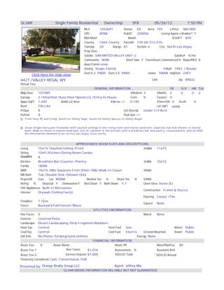 GLVAR                    Single Family Residential           Ownership            SFR             05/26/12                7:50 PM
                                              ML#       1253691       Status   ER      Area 103       L/Price $85,000
                                              Offc      RONK          PubID    220056          Listing Agent a Realtor? Y
                                              Bldr/Manf                  Model                          $/SQFT $59
                                              County    Clark County Parcel# 139-06-312-016
                                              Twnshp    20      Range 61       Section 6      City North Las Vegas
                                              Prop Desc
                                              Subdiv SAN MATEO VALLEY UNIT-2                             Subdiv# 4246
                                              Community NONE           Short Sale Y Foreclosure Commenced N Repo/REO N
                                              Asoc/Comm NONE
                                              Zoning Single-Family                               YrBuilt 1993 / Resale
                                              Elem K-2 PARS Elem 3-5 PARS              Junior SWAN HighSch CHEY
        Click here for map view
4427 /VALLEY REGAL WY                                                                           Unit                Zip 89032
Virtual Tour
                                                   GENERAL INFORMATION                                  FB   3/4             HB Tot
Bldg Desc  1STORY                                                             #Bedrms 3        #Baths 2      0               0  2
Garage     2 /Attached /Auto Door Opener(s) /Entry to House                   Conv     N       Carport 0
Appx SqFt 1,440             Addit Liv Area                     #Acres +/-     0.140            #Den/Oth 0  #Loft               0
Roof       Tile Like                                                                           Lot SqFt 6098
PvSpa      N                                                             Lot Descrip   Under 1/4 Acre
PvPool     N                                                             Pool Size +/-
D: From Hwy 95 and Craig, South on Valley Sage, South on Valley Spruce to Valley Regal

R: Great Single Story pen Floorplan with vaulted ceilings in the living room and master bedroom, seperate tub and shower in master
   bath, Walk-in-closet in master bedroom, lots of cabinets in the kitchen with a breakfast bar and pantry, covered patio, and no HOA.
   All information deemed to be correct but buyer must verify.



                                       APPROXIMATE ROOM SIZES AND DESCRIPTIONS
Living      15x14 /Vaulted Ceiling /Front                                           2ndBd     11x10
Dining      10x9 /Kitchen/Dining Room Combo
GreatRm     N
Kitchen     Breakfast Bar/Counter /Pantry                                           3rdBd     10x10
Family      /NONE
MBR         14x14 /Mbr Separate From Other /Mbr Walk-In Closet                      4thBd
MB Bath     Tub /Double Sink /Shower Only
DryerUtil   Gas      Loc ROOM               Washer Inc   N       Dryer Inc    N     5thBd
Refrig    N     Disposal Y    DishwasherY  Bed Down Y Bath Down Y, F                Oven Desc Stove (E)
Oth Appliances Built-In Microwave
                                                                                    Construction Frame & Stucco
Interior    Drywall /Ceiling Fan(s)
                                                                                    Flooring Carpet /Tile
Fireplace   1 /Gas
                                                                                    Equest None
Fence       Backyard Full Fenced /Block
                                                 UTILITIES INFORMATION
Hse Faces S                                                                         Miscel    None
Exterior    Covered Patio
Landscape Desert Landscaping /Drip Irrigation/Bubblers
Heat Sys    Central                                        Heat Fuel    Gas                               Water Public
Cool Sys    Central                                        Cool Fuel    Electric    Ground Mounted        Sewer Public
Util Info   No Phone /Underground Utilities                                     Energy None
                                                 FINANCIAL INFORMATION
Assoc Fee     N         Assoc Name                              Assoc Ph                      MastrPlanFee   $0
Assoc Fee 1                      Ann Taxes   $1,016             Assessment N                  Assessmt Amt
Assoc Fee 2                    Earnest Deposit $1,000                SID/LID Total                 SID/LID Annual
Financing Considered Cash, Conventional, FHA

Presented by: Orange Realty Group LLC                               Agent: Jeffrey Mix
                               GLVAR DEEMS INFORMATION RELIABLE BUT NOT GUARANTEED
 