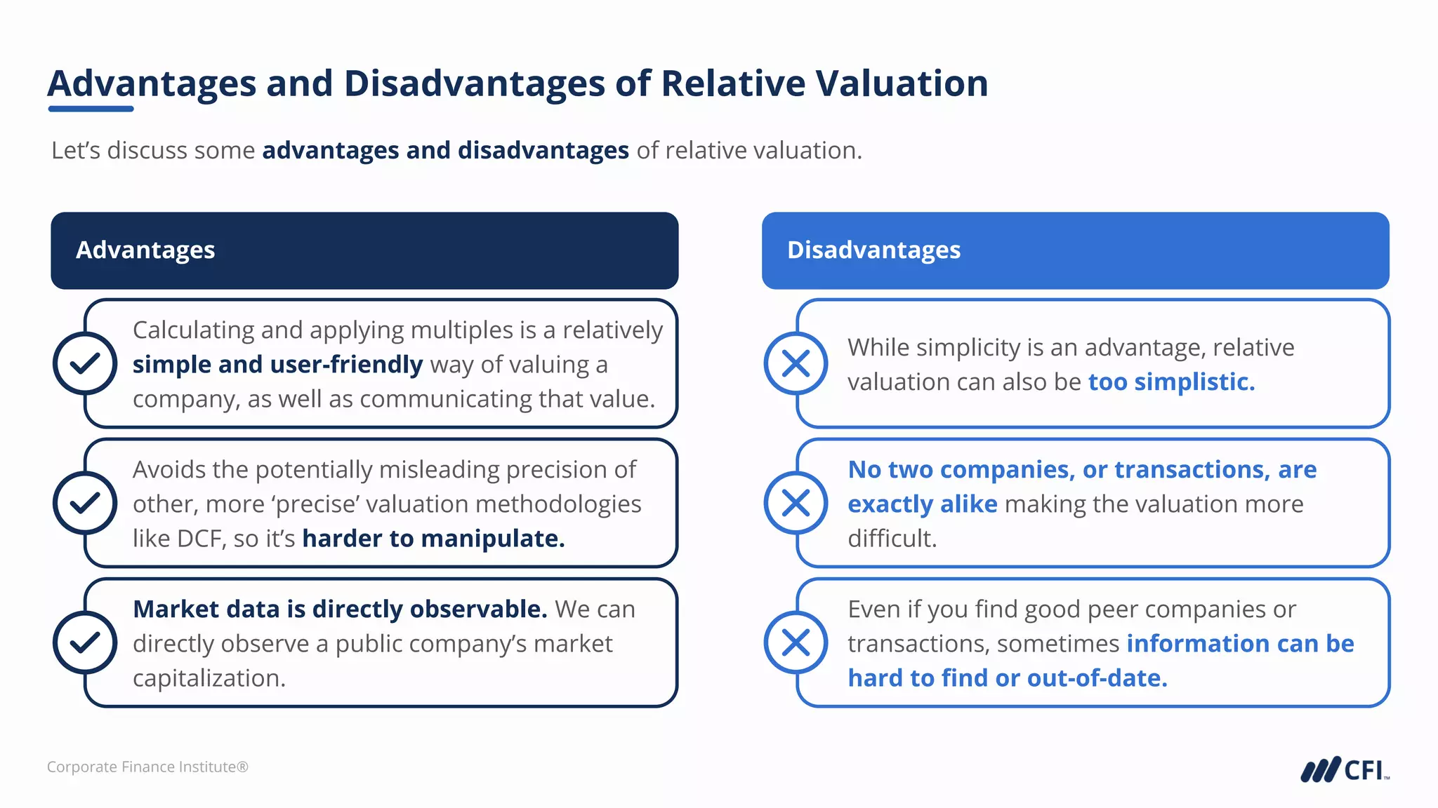Corporate Finance Institute®
Advantages and Disadvantages of Relative Valuation
Let’s discuss some advantages and disadvantages of relative valuation.
Calculating and applying multiples is a relatively
simple and user-friendly way of valuing a
company, as well as communicating that value.
Avoids the potentially misleading precision of
other, more ‘precise’ valuation methodologies
like DCF, so it’s harder to manipulate.
Market data is directly observable. We can
directly observe a public company’s market
capitalization.
Advantages
While simplicity is an advantage, relative
valuation can also be too simplistic.
No two companies, or transactions, are
exactly alike making the valuation more
difficult.
Even if you find good peer companies or
transactions, sometimes information can be
hard to find or out-of-date.
Disadvantages