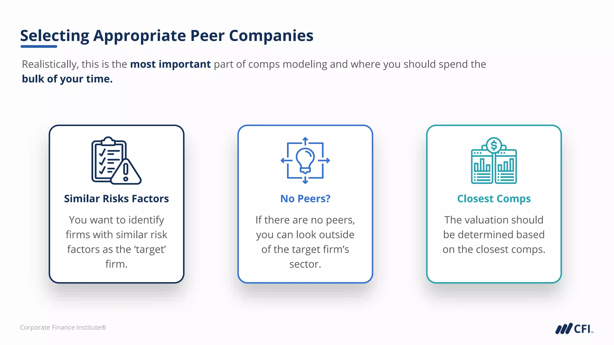 Corporate Finance Institute®
Closest Comps
The valuation should
be determined based
on the closest comps.
Realistically, this is the most important part of comps modeling and where you should spend the
bulk of your time.
Selecting Appropriate Peer Companies
Similar Risks Factors
You want to identify
firms with similar risk
factors as the ‘target’
firm.
No Peers?
If there are no peers,
you can look outside
of the target firm’s
sector.