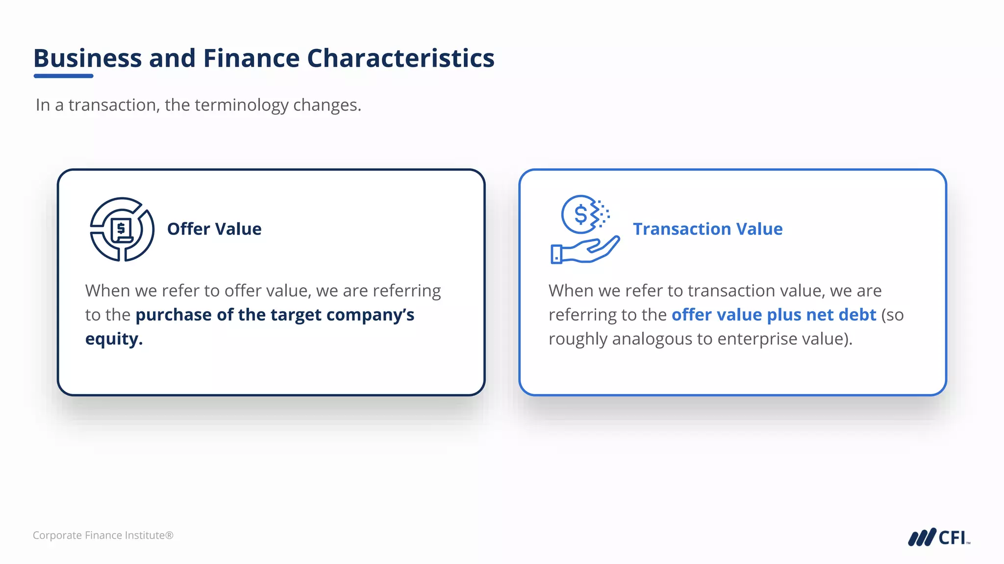 Corporate Finance Institute®
In a transaction, the terminology changes.
Business and Finance Characteristics
Offer Value
When we refer to offer value, we are referring
to the purchase of the target company’s
equity.
Transaction Value
When we refer to transaction value, we are
referring to the offer value plus net debt (so
roughly analogous to enterprise value).