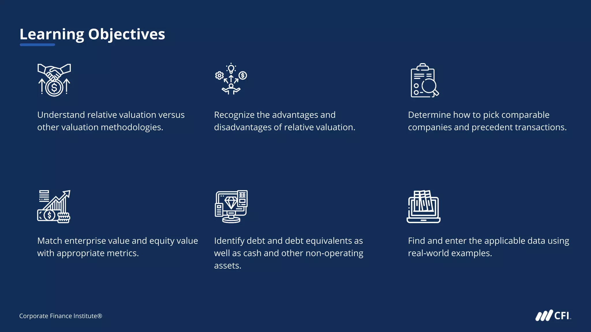 Corporate Finance Institute®
Learning Objectives
Understand relative valuation versus
other valuation methodologies.
Recognize the advantages and
disadvantages of relative valuation.
Determine how to pick comparable
companies and precedent transactions.
Match enterprise value and equity value
with appropriate metrics.
Identify debt and debt equivalents as
well as cash and other non-operating
assets.
Find and enter the applicable data using
real-world examples.