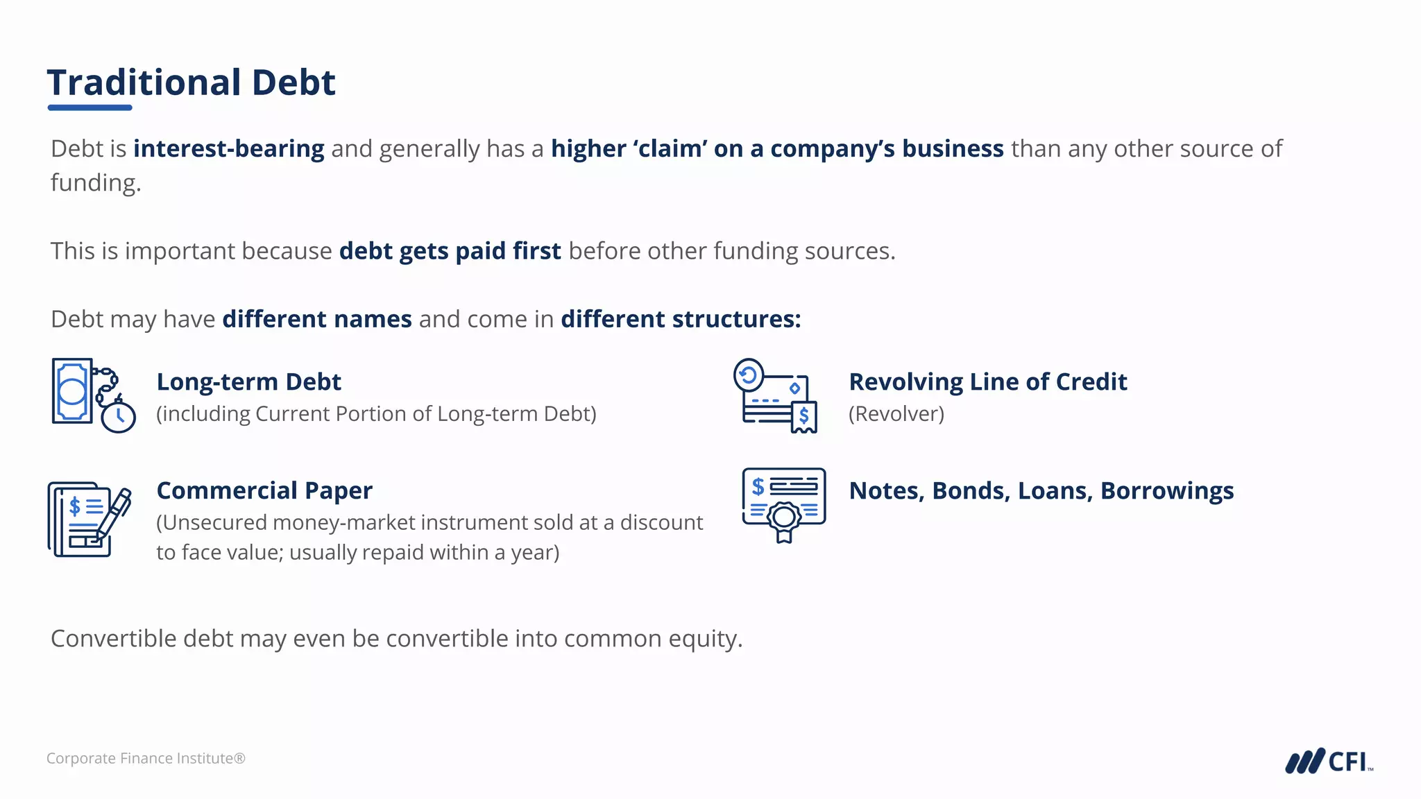 Corporate Finance Institute®
Debt is interest-bearing and generally has a higher ‘claim’ on a company’s business than any other source of
funding.
This is important because debt gets paid first before other funding sources.
Debt may have different names and come in different structures:
Traditional Debt
Long-term Debt
(including Current Portion of Long-term Debt)
Commercial Paper
(Unsecured money-market instrument sold at a discount
to face value; usually repaid within a year)
Notes, Bonds, Loans, Borrowings
Revolving Line of Credit
(Revolver)
Convertible debt may even be convertible into common equity.
