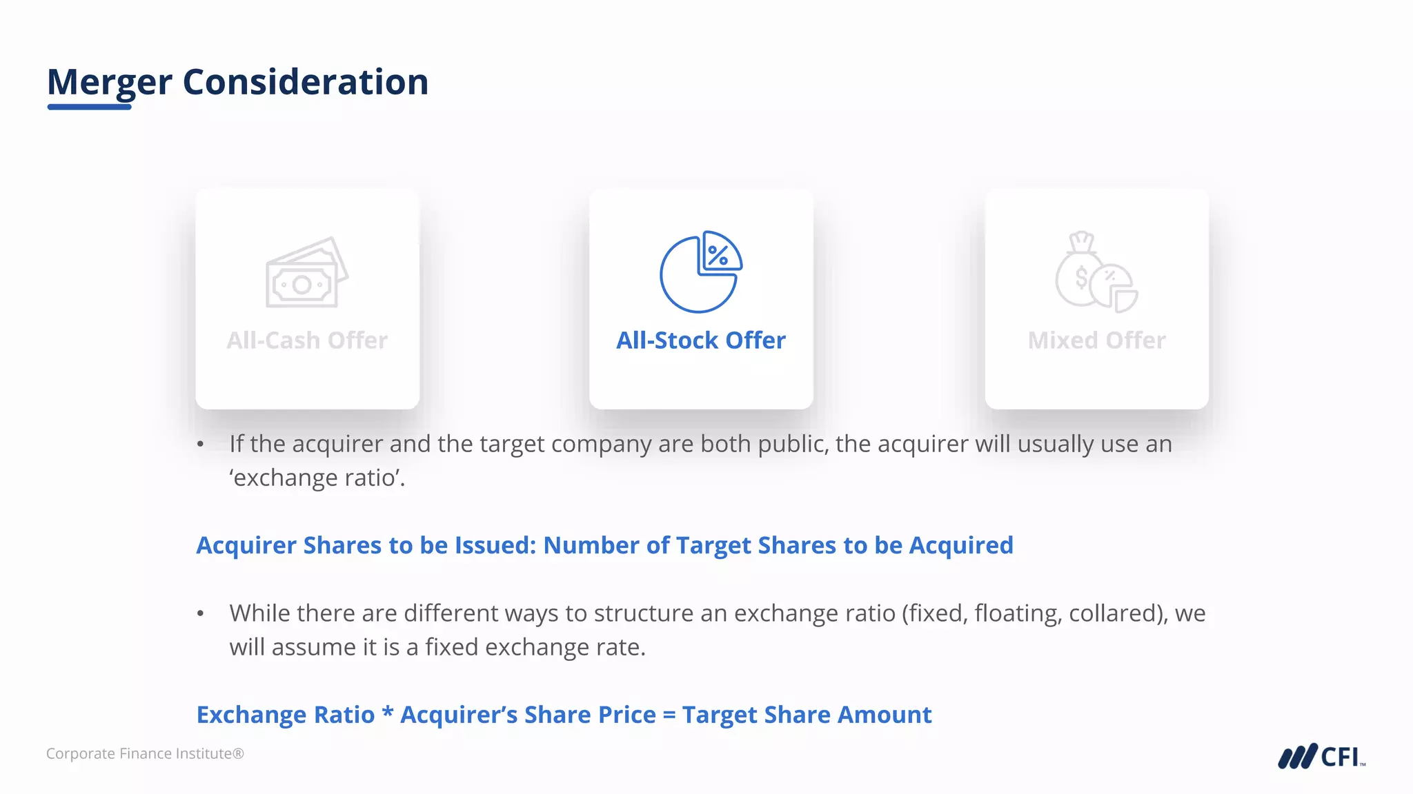 Corporate Finance Institute®
All-Stock Offer
All-Stock Offer Mixed Offer
Mixed Offer
Merger Consideration
All-Cash Offer
• If the acquirer and the target company are both public, the acquirer will usually use an
‘exchange ratio’.
Acquirer Shares to be Issued: Number of Target Shares to be Acquired
• While there are different ways to structure an exchange ratio (fixed, floating, collared), we
will assume it is a fixed exchange rate.
Exchange Ratio * Acquirer’s Share Price = Target Share Amount
All-Cash Offer