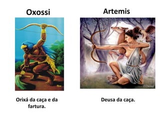 Oxossi           Artemis




Orixá da caça e da   Deusa da caça.
     fartura.
 