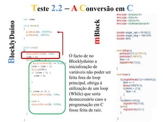 Teste 2.2 – A Conversão em CBlocklyDuino
mBlock
O facto de no
Blocklyduino a
inicialização de
variáveis não poder ser
feita fora do loop
principal, obriga à
utilização de um loop
(While) que seria
desnecessário caso a
programação em C
fosse feita de raíz.
 