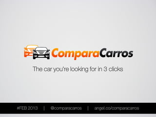 The car you’re looking for in 3 clicks




#FEB 2013   |   @comparacarros   |   angel.co/comparacarros
 