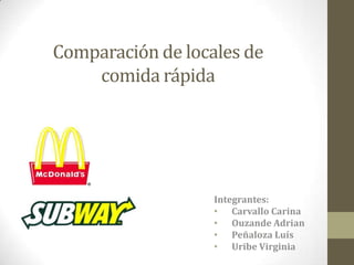 Comparación de locales de
    comida rápida




                   Integrantes:
                   • Carvallo Carina
                   • Ouzande Adrian
                   • Peñaloza Luís
                   • Uribe Virginia
 