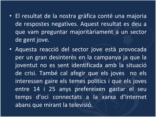 El resultat de la nostra gràfica conté una majoria de respostes negatives. Aquest resultat es deu a que vam preguntar majoritàriament a un sector de gent jove.  Aquesta reacció del sector jove està provocada per un gran desinterès en la campanya ja que la joventut no es sent identificada amb la situació de crisi. També cal afegir que els joves  no els interessen gaire els temes polítics i que els joves entre 14 i 25 anys prefereixen gastar el seu temps d’oci connectats a la xarxa d’Internet abans que mirant la televisió. 