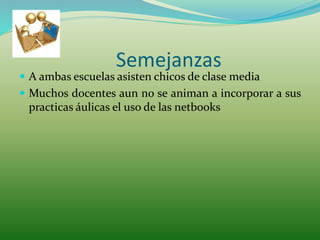 Semejanzas
A ambas escuelas asisten chicos de clase media
Muchos docentes aun no se animan a incorporar a sus
practicas áulicas el uso de las netbooks