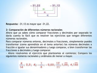 Respuesta: -31,12 es mayor que -31,22.
2- Comparación de diferentes números racionales
Ahora que ya sabes cómo comparar fracciones y decimales por separado te
darás cuenta lo fácil que es resolver los ejercicios que tengan diferentes
números racionales.
Para comparar números enteros, decimales o fracciones, simplemente puedes
transformar (como aprendiste en el tema anterior) los números decimales a
fracción e igualar sus denominadores y luego comparar, o bien transformar las
fracciones a decimales y luego comparar.
- Ahora resolvamos el ejercicio que planteamos al comienzo; Compara los
siguientes números racionales y ordénalos de menor a mayor.
 