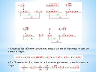 - Entonces los números decimales quedarían en el siguiente orden de
menor a mayor;
- Por último anotas los números racionales originales en orden de menor a
mayor;
 