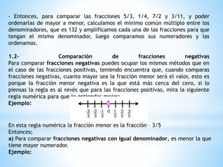- Entonces, para comparar las fracciones 5/3, 1/4, 7/2 y 3/11, y poder
ordenarlas de mayor a menor, calculamos el mínimo común múltiplo entre los
denominadores, que es 132 y amplificamos cada una de las fracciones para que
tengan el mismo denominador, luego comparamos sus numeradores y las
ordenamos.
1.2- Comparación de fracciones negativas
Para comparar fracciones negativas puedes ocupar los mismos métodos que en
el caso de las fracciones positivas, teniendo encuentra que, cuando comparas
fracciones negativas, cuanto mayor sea la fracción menor será el valor, esto es
porque la fracción menor negativa es la que está más cerca del cero, si lo
piensas la regla es al revés que para las fracciones positivas, mira la siguiente
regla numérica para que lo entiendas mejor;
Ejemplo:
En esta regla numérica la fracción menor es la fracción – 3/5
Entonces;
a) Para comparar fracciones negativas con igual denominador, es menor la que
tiene mayor numerador.
Ejemplo:
 