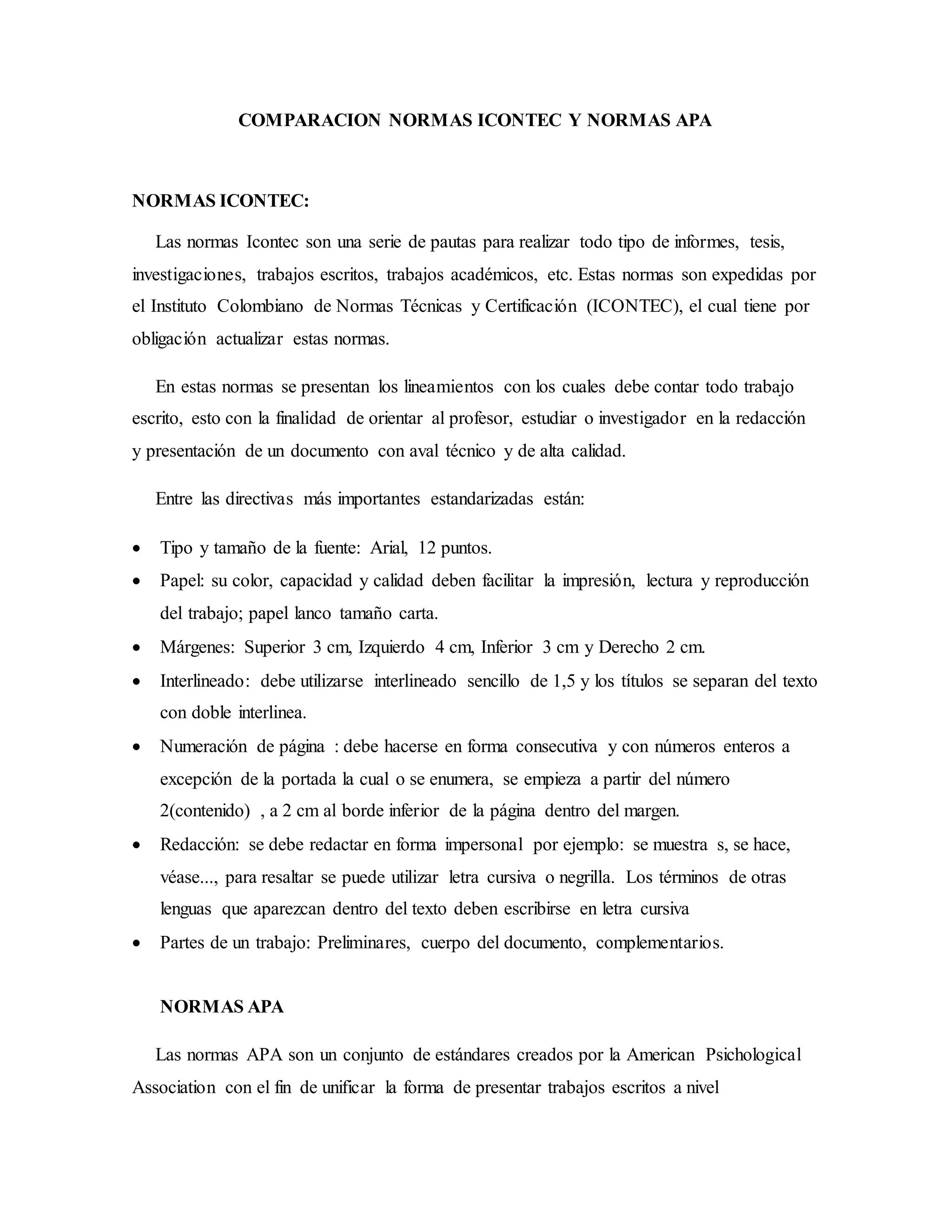 Comparación de las normas icontec y normas apa | DOCX