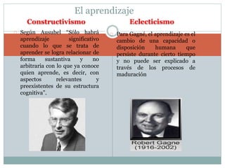El aprendizaje 
Constructivismo Eclecticismo 
Según Ausubel “Sólo habrá 
aprendizaje significativo 
cuando lo que se trata de 
aprender se logra relacionar de 
forma sustantiva y no 
arbitraria con lo que ya conoce 
quien aprende, es decir, con 
aspectos relevantes y 
preexistentes de su estructura 
cognitiva”. 
Para Gagné, el aprendizaje es el 
cambio de una capacidad o 
disposición humana que 
persiste durante cierto tiempo 
y no puede ser explicado a 
través de los procesos de 
maduración 
 