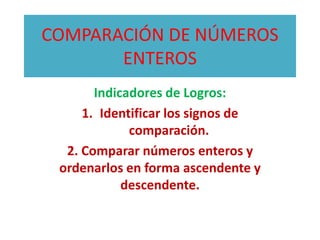 COMPARACIÓN DE NÚMEROS
ENTEROS
Indicadores de Logros:
1. Identificar los signos de
comparación.
2. Comparar números enteros y
ordenarlos en forma ascendente y
descendente.
 