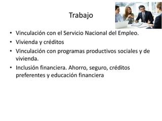 Trabajo
• Vinculación con el Servicio Nacional del Empleo.
• Vivienda y créditos
• Vinculación con programas productivos sociales y de
vivienda.
• Inclusión financiera. Ahorro, seguro, créditos
preferentes y educación financiera
 