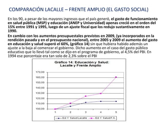 En los 90, a pesar de los mayores ingresos que el país generó,  el gasto de funcionamiento en salud pública (MSP) y educación (ANEP y Universidad) apenas creció en el orden del 15% entre 1991 y 1995, luego de un ajuste fiscal que los redujo sustantivamente en 1990. En cambio con los aumentos presupuestales previstos en 2009, (ya incorporados en la rendición pasada y en el presupuesto nacional), entre 2005 y 2009 el aumento del gasto en educación y salud superó el 60%, (gráfico 14)  sin que hubiera habido además un ajuste a la baja al comenzar el gobierno. Dicho aumento en el caso del gasto público educativo que lo llevó tal como se dijo en el programa de gobierno, al 4,5% del PBI. En 1994 ese porcentaje era tan solo de 2,3% sobre el PBI COMPARACIÓN LACALLE – FRENTE AMPLIO (EL GASTO SOCIAL) 