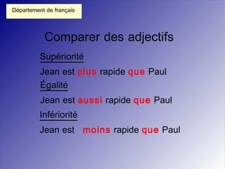 Département de français




           Comparer des adjectifs
          Supériorité
          Jean est plus rapide que Paul
          Égalité
          Jean est aussi rapide que Paul
          Infériorité
          Jean est moins rapide que Paul
 