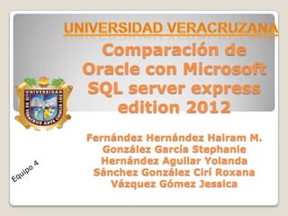 Comparación de
Oracle con Microsoft
SQL server express
   edition 2012
Fernández Hernández Hairam M.
   González García Stephanie
  Hernández Aguilar Yolanda
 Sánchez González Cirí Roxana
    Vázquez Gómez Jessica
 