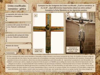 Compara las dos imágenes de Cristo crucificado. ¿Cuál es románica, la
A o la B? ¿Qué diferencias importantes observas entre ambas?
Completa la ficha fijándote en los siguientes puntos:
La expresión del rostro de Cristo:
Expresivo o inexpresivo
A:
B:
La postura del cuerpo de Cristo en
la cruz: Natural o antinatural
A:
B:
Número de clavos:
A: B:
El Cristo románico de cuatro clavos hierático e insensible al dolor da paso a una nueva concepción de Cristo. En el gótico el cuerpo cuelga de
la cruz sostenido por tres clavos, hay una ruptura de la frontalidad y un mayor movimiento frente al hieratismo del románico. El desnudo va
ganando terreno en la escultura y ahora hay una intencionalidad por parte del escultor de representar la anatomía lo más fiel posible a la
realidad. La túnica que cubría y tapaba el cuerpo de Cristo da paso a un faldellín que se pliega de manera más natural enriqueciendo con sus
pliegues la escultura. La expresividad del rostro mantiene aún pervivencias románicas, evolucionando hacia un mayor naturalismo. Hay
interpretación radicalmente distinta del tema de la crucifixión de Cristo. El Cristo Románico no sufre dolor en la cruz, ni sangre, ni corona de
espinas ni gestos de dolor existían en Él, pues representaba a Dios y, como tal, no conoce el dolor. Por el contrario, el Cristo gótico cuelga de la
cruz y las heridas de la cabeza, manos y pies nos muestra a Cristo que, aún siendo Dios sufre en su cuerpo mortal. Esta nueva imagen de
Cristo, más próxima al ser humano a través del dolor, obedece a una nueva concepción de la religión.
Cristo crucificado:
románico - gótico
Comentario:
A
Majestad de
Batlló, s. XII.
Monasterio el
Salvador de Cañas,
La Rioja, s. XIII.
B
La anatomía del cuerpo de Cristo
en la cruz: Natural o antinatural
A:
B:
 
