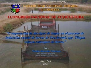 UNIVERCIDAD NACIONAL AGRARIA
                    LA MOLINA

 I CONGRESO NACIONAL DE ACUICULTURA

                           Tema :

 “Comparación de dos tipos de hapas en el proceso de
inducción sexual de larvas de Orechromis spp. Tilapia
            roja,en estanques de tierra.”
                             Por :
                 Nicolas Hurtado Totocayo
                      Ing. Pesquero Acuicultor
                   E-mail : nhurtado3@yahoo.com


                        Lima – Perú
                           2002
 