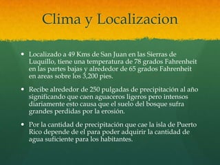 Clima y Localizacion

 Localizado a 49 Kms de San Juan en las Sierras de
  Luquillo, tiene una temperatura de 78 grados Fahrenheit
  en las partes bajas y alrededor de 65 grados Fahrenheit
  en areas sobre los 3,200 pies.
 Recibe alrededor de 250 pulgadas de precipitación al año
  significando que caen aguaceros ligeros pero intensos
  diariamente esto causa que el suelo del bosque sufra
  grandes perdidas por la erosión.
 Por la cantidad de precipitación que cae la isla de Puerto
  Rico depende de el para poder adquirir la cantidad de
  agua suficiente para los habitantes.
 
