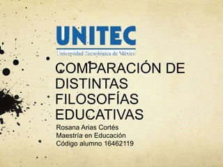 COMPARACIÓN DE
DISTINTAS
FILOSOFÍAS
EDUCATIVAS
Rosana Arias Cortés
Maestría en Educación
Código alumno 16462119
 