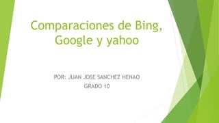 Comparaciones de Bing,
Google y yahoo
POR: JUAN JOSE SANCHEZ HENAO
GRADO 10
 