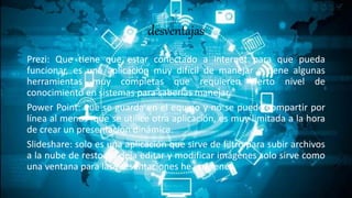 desventajas
Prezi: Que tiene que estar conectado a internet para que pueda
funcionar, es una aplicación muy difícil de manejar y tiene algunas
herramientas muy completas que requieren cierto nivel de
conocimiento en sistemas para saberlas manejar.
Power Point: que se guarda en el equipo y no se puede compartir por
línea al menos que se utilice otra aplicación, es muy limitada a la hora
de crear un presentación dinámica.
Slideshare: solo es una aplicación que sirve de filtro para subir archivos
a la nube de resto no deja editar y modificar imágenes solo sirve como
una ventana para las presentaciones he imágenes.
 