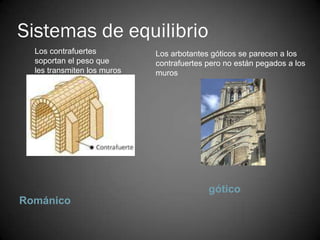Sistemas de equilibrio
  Los contrafuertes          Los arbotantes góticos se parecen a los
  soportan el peso que       contrafuertes pero no están pegados a los
  les transmiten los muros   muros




                                           gótico
Románico
 