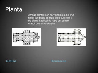 Planta
         Ambas plantas son muy similares, de cruz
         latina (un brazo es más largo que otro) y
         de planta basilical (la nave del centro
         mayor que las laterales).




Gótica                       Románica
 