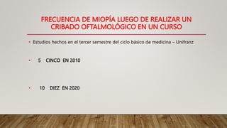 FRECUENCIA DE MIOPÍA LUEGO DE REALIZAR UN
CRIBADO OFTALMOLÓGICO EN UN CURSO
• Estudios hechos en el tercer semestre del ciclo básico de medicina – Unifranz
• 5 CINCO EN 2010
• 10 DIEZ EN 2020
 