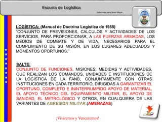 Escuela de Logística
Saber más para Servir Mejor…
¡Viviremos y Venceremos!
LOGÍSTICA: (Manual de Doctrina Logística de 1985)
“CONJUNTO DE PREVISIONES, CALCULOS Y ACTIVIDADES DE LOS
SERVICIOS, PARA PROPORCIONAR, A LAS FUERZAS ARMADAS, LOS
MEDIOS DE COMBATE Y DE VIDA, NECESARIOS PARA EL
CUMPLIMIENTO DE SU MISIÓN, EN LOS LUGARES ADECUADOS Y
MOMENTOS OPORTUNOS.”
SALTE:
CONJUNTO DE FUNCIONES, MISIONES, MEDIDAS Y ACTIVIDADES,
QUE REALIZAN LOS COMANDOS, UNIDADES E INSTITUCIONES DE
LA LOGÍSTICA DE LA FANB, CONJUNTAMENTE CON OTRAS
INSTITUCIONES EN CADA TERRITORIO, DIRIGIDAS A GARANTIZAR EL
OPORTUNO, COMPLETO E ININTERRUMPIDO APOYO DE MATERIAL,
EL APOYO TÉCNICO DEL EQUIPAMIENTO MILITAR, EL APOYO DE
SANIDAD, EL METROLÓGICO Y OTROS, EN CUALQUIERA DE LAS
VARIANTES DE AGRESIÓN MILITAR.(AMENAZAS)
 