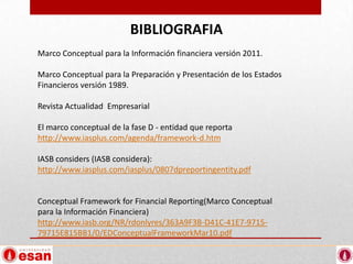 BIBLIOGRAFIA
Marco Conceptual para la Información financiera versión 2011.

Marco Conceptual para la Preparación y Presentación de los Estados
Financieros versión 1989.

Revista Actualidad Empresarial

El marco conceptual de la fase D - entidad que reporta
http://www.iasplus.com/agenda/framework-d.htm

IASB considers (IASB considera):
http://www.iasplus.com/iasplus/0807dpreportingentity.pdf


Conceptual Framework for Financial Reporting(Marco Conceptual
para la Información Financiera)
http://www.iasb.org/NR/rdonlyres/363A9F3B-D41C-41E7-9715-
79715E815BB1/0/EDConceptualFrameworkMar10.pdf
 