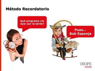 Método Recordatorio


      Qué programa vio
      ayer por la tarde?

                             Pues…
                           Bob Esponja
 