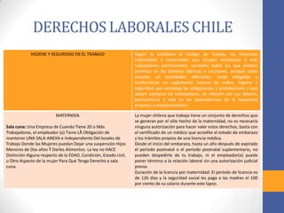 DERECHOS LABORALES CHILE
HIGIENE Y SEGURIDAD EN EL TRABAJO Según lo establece el Código de Trabajo, las empresas
industriales o comerciales que ocupen veinticinco o más
trabajadores permanentes, contados todos los que presten
servicios en las distintas fábricas o secciones, aunque estén
situadas en localidades diferentes, están obligadas a
confeccionar un reglamento interno de orden, higiene y
seguridad que contenga las obligaciones y prohibiciones a que
deben sujetarse los trabajadores, en relación con sus labores,
permanencia y vida en las dependencias de la respectiva
empresa o establecimiento.
MATERNIDA
Sala cuna: Una Empresa de Cuando Tiene 20 o Más
Trabajadoras, el empleador (a) Tiene LÃ Obligación de
mantener UNA SALA ANEXA e Independiente Del locales de
Trabajo Donde las Mujeres puedan Dejar una suspensión Hijos
Menores de Dos años Ÿ Darles Alimentos. La ley no HACE
Distinción Alguna respecto de la EDAD, Condición, Estado civil,
u Otro Aspecto de la mujer Para Qué Tenga Derecho a sala
cuna.
La mujer chilena que trabaja tiene un conjunto de derechos que
se generan por el sólo hecho de la maternidad, no es necesaria
ninguna autorización para hacer valer estos derechos, basta con
el certificado de un médico que acredite el estado de embarazo
y los trámites propios de una licencia médica.
Desde el inicio del embarazo, hasta un año después de expirado
el período postnatal o el período postnatal suplementario, no
pueden despedirte de tu trabajo, ni el empleador(a) puede
poner término a la relación laboral sin una autorización judicial
previa.
Duración de la licencia por maternidad: El período de licencia es
de 126 días y la seguridad social les paga a las madres el 100
por ciento de su salario durante este lapso.
 