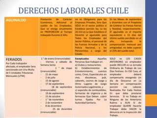 DERECHOS LABORALES CHILE
AGUINALDO Prestación de Carácter
Económico, Adicional al
sueldo de los Empleados,
Que se otorga anualmente
en PROPORCION al Tiempo
trabajado Durante el Año.
no es Obligatorio para las
Empresas Privadas, Sino Que
SÓLO en el sector publico sí
Establece porción ley. La ley
20.313 es La Que Establece el
Derecho al aguinaldo para
Todos los Empleados del
Sector Público, el personal de
las Fuerzas Armadas y de la
Policía Nacional, y los
Pensionistas a cargo del
Estado .
En los Meses de septiembre
y diciembre con el Propósito
de Celebrar las Fiestas Patrias
y Navidad, respectivamente.
El aguinaldo es el importe
equivalente a 15 días del
último sueldo percibido en el
año, incluyendo la
compensación mensual por
antigüedad. no debe superar
el 25% del sueldo total.
FERIADOS
Por Cada trabajador
afectado, el empleador Sera
sancionado con Una Multa
de 5 Unidades Tributarias
Mensuales (UTM).
1 ° de enero (irrenunciable)
- Viernes y sábado de
Semana Santa
- 1 ° de mayo
(irrenunciable)
- 21 de mayo
- 2 de julio
- 15 de agosto
- 17 de septiembre
- 18 de septiembre
(irrenunciable)
- 19 de septiembre
- 15 de octubre
- 1 ° de noviembre
- 2 de noviembre
- 8 de diciembre
- 25 de diciembre
(irrenunciable)
Exceptuados Aquellas
Personas Que trabajen en:
a) Clubes y restaurantes;
b) Establecimientos de
Entretenimiento, cuentos
como, Cines, Espectáculos en
vivo, discotecas, pub,
cabarets, casinos de Juego y
Otros Lugares de Juego
Autorizados Legalmente, y
c) expendio de combustibles,
farmacias de Urgencia y de
farmacias Que Deban cubrir
turnos fijados Por La
Autoridad Sanitaria.
SOLO es LOS CASOS
ANTERIORES sU empleador
puede INCLUIR es La Jornada
Ordinaria de Trabajo de Los
Dias Festivos. En ESE Caso, el
empleador deberá
compensarlo otorgando Un
día de Descanso en La
Semana en compensación
porción Las Labores
Realizadas Por Cada Festivo
En que deba prestarse
Servicios. Si no Trabaja en
Ninguno de los Anteriores
Rubros y AUN Sí do
empleador QUIERE Hacerlo
Trabajar debe HACER la
denuncia en la Inspección del
Trabajo.
 