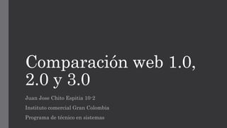 Comparación web 1.0,
2.0 y 3.0
Juan Jose Chito Espitia 10-2
Instituto comercial Gran Colombia
Programa de técnico en sistemas
 
